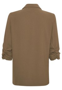 Brązowa koszula z długim rękawem, kołnierzykiem i marszczeniami na rękawach. Gładka tekstura, prosty krój oraz widok od tyłu.