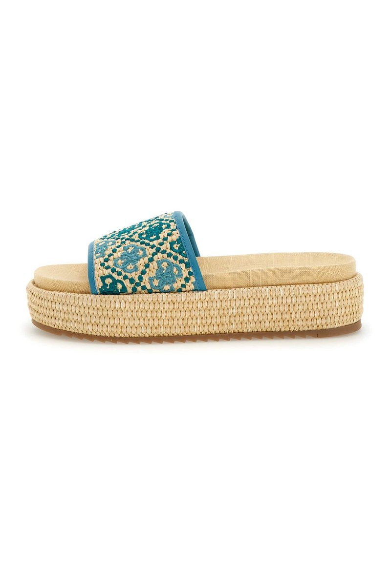 Woven espadrille slide sandal featuring a turquoise embroidered strap and a natural jute platform sole with a textured finish.