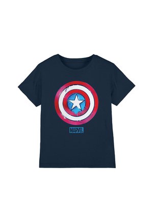 Navy cotton t-shirt featuring a circular Captain America shield design in red, white, and blue colors with a star in the center. "MARVEL" logo below.