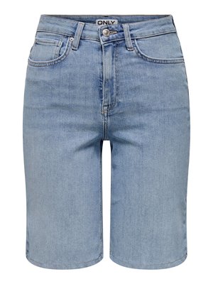 Világoskék farmer rövidnadrág elülső zsebekkel, övbújtatókkal, fém gombbal és sliccel.