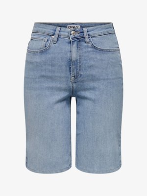 Világoskék farmer rövidnadrág elülső zsebekkel, övbújtatókkal, fém gombbal és sliccel.