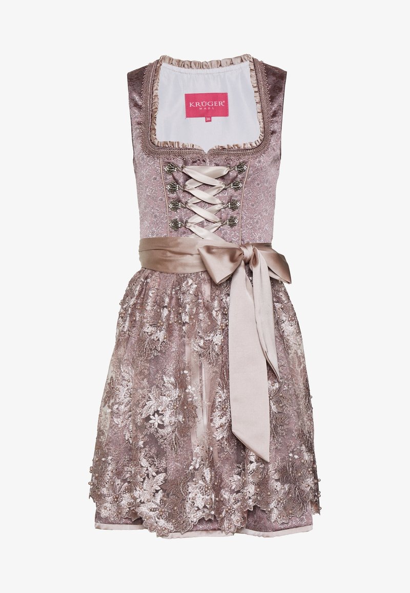 Abito con un leggero strato di pizzo rosa, cintura in satin e chiusura decorativa in argento con gancio. Presenta motivi floreali e scollatura quadrata.