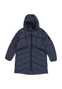 Granatowy pikowany długi zimowy płaszcz z kapturem, zapinany na przedni zamek błyskawiczny, z zasuwanymi kieszeniami bocznymi i ściągaczami przy kapturze.