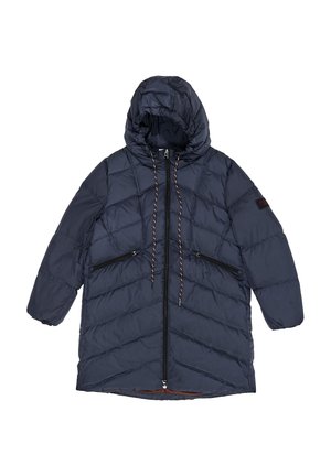 Granatowy pikowany długi zimowy płaszcz z kapturem, zapinany na przedni zamek błyskawiczny, z zasuwanymi kieszeniami bocznymi i ściągaczami przy kapturze.