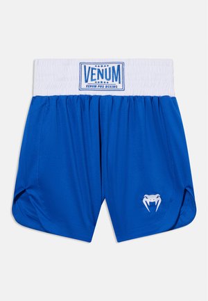Blå bokse shorts med en bred hvid elastisk talje, "VENUM Pro Boxing" logo på taljen og et hvidt slangeemblem på benet.