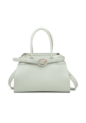 Sac à main en cuir structuré gris clair avec deux poignées supérieures, une bandoulière amovible et un détail de ceinture avec une boucle métallique.