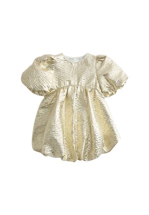 Abito metallico dorato con maniche a sbuffo corte, tessuto texture con un motivo ondulato, scollatura rotonda e vita arricciata.