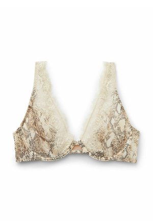 Beugel-bh met kant, in beige en bruine slangprint, met onderbroken cups en een diepe V-halslijn op een witte achtergrond.
