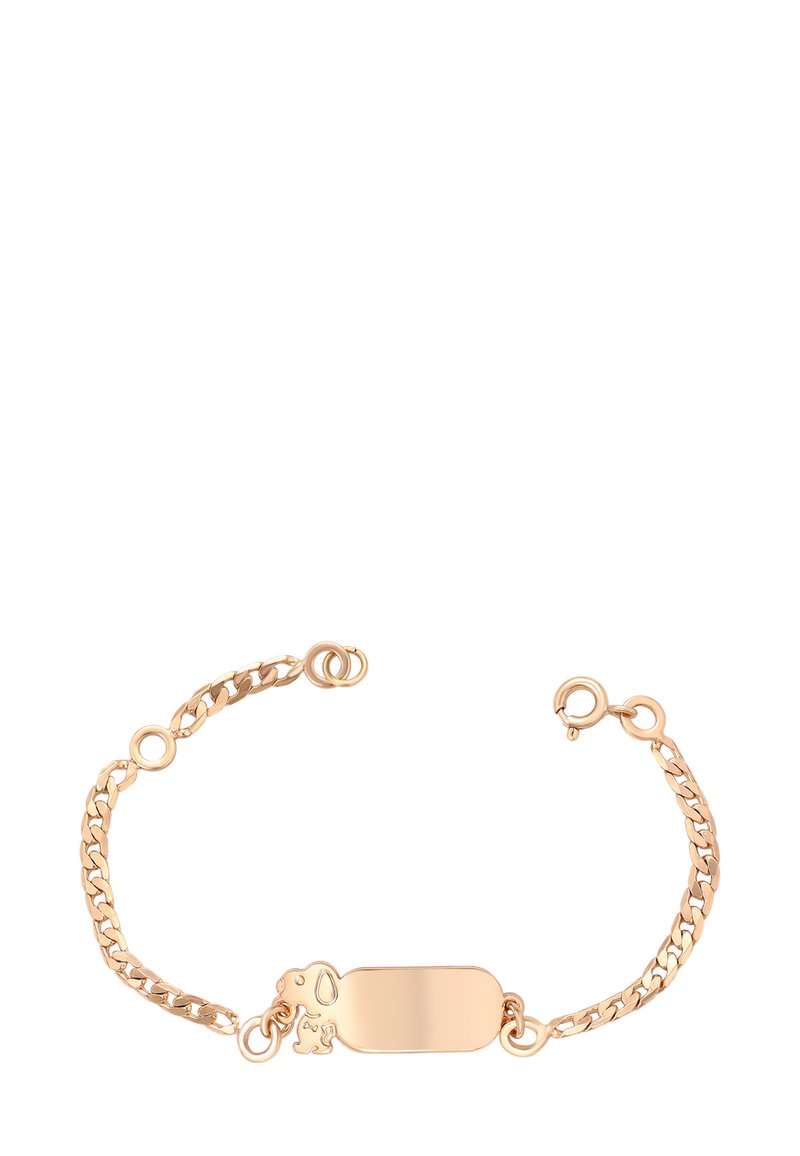 Bracciale in oro con una piastra rettangolare liscia e un piccolo ciondolo a forma di cane attaccato vicino alla chiusura.