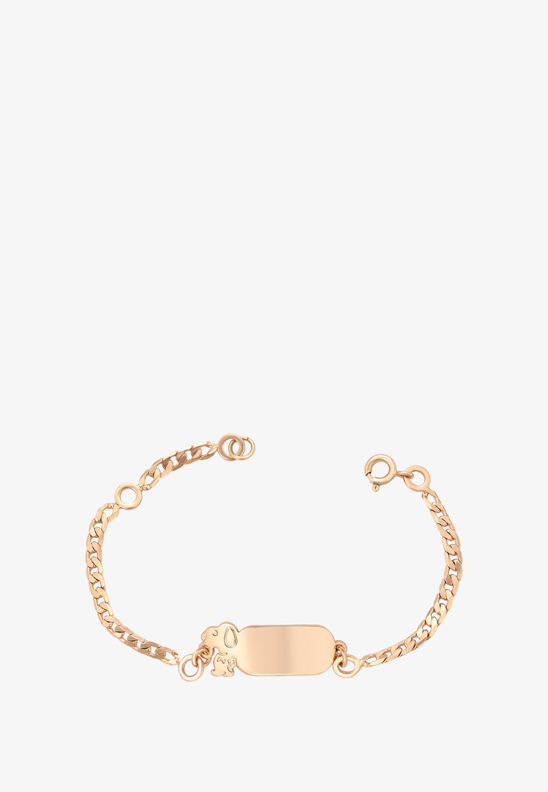 Arany lánc karkötő sima, téglalap alakú táblával és egy kis kutya alakú medállal, amely a csat közelében található.