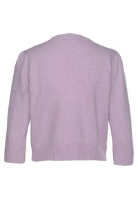 Lavender knit sweater with long sleeves, ribbed cuffs and hem, and a rounded neckline, shown from the back.