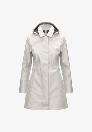 Jasnoszary damski płaszcz przeciwdeszczowy z długimi rękawami, kołnierzem, przymocowanym kapturem z szarą podszewką, zapięciem z przodu oraz małym logo na piersi.