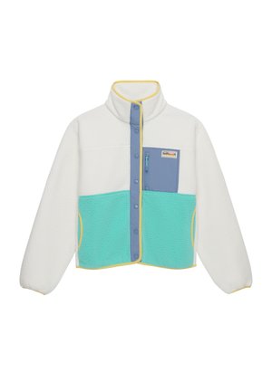 Fleece jack met een witte romp, lichtblauwe borstpaneel, turquoise onderkant en gele afwerking. Inclusief een ritszak en drukknoopjes.