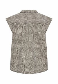 Zwart-wit gestreepte blouse met korte mouwen en een kraag, met een geplooide achterkant en een afgeronde zoom. De stof heeft een gestructureerde uitstraling.