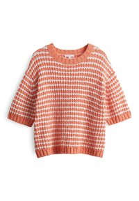 Pull à manches courtes en maille corail avec des rayures blanches. Il présente une coupe ample et un tissu texturé, avec un col rond et un ourlet côtelé.