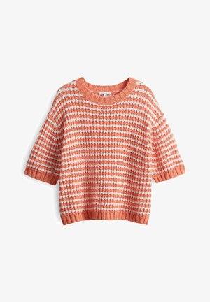 Kurzarmpullover aus Strick in Koralle mit weißen Streifen. Hat eine lockere Passform und strukturierten Stoff, mit einem runden Halsausschnitt und geripptem Saum.