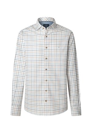 Langwerpige blouse met lange mouwen in geweven katoen met een witte basis, voorzien van een meerkleurig ruitpatroon in blauw en oranje. Bruine knopen.