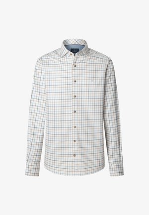 Chemise à manches longues en coton tissé avec une base blanche, présentant un motif à carreaux multicolore en bleu et orange. Boutons marron.