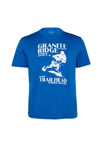 Blue cotton T-shirt with short sleeves featuring a white graphic print. Text includes "Granite Ridge" and "Trailhead Jackson Hole USA."