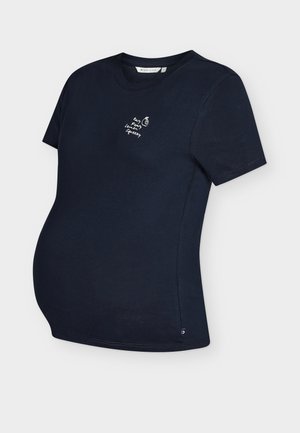 Tumesinine raseduspluus lühikeste varrukatega, ümmarguse kaelusega, vasakul rinnal väike valge tekst ja sidrunipilt.