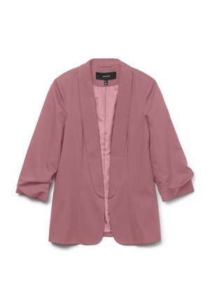Blazer ajustado rosa con cuello de solapa, frente abierto y mangas tres cuartos. Textura suave con un forro blando y sin cierres visibles.