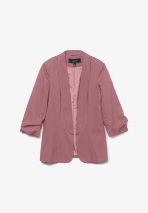 Roze, op maat gemaakte blazer met een reverskraag, open voorkant en driekwart mouwen. Gladde textuur met een zachte voering en geen zichtbare sluitingen.