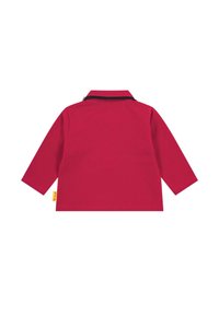 Red long-sleeve toddler shirt with a collar, shown from the back on a white background.