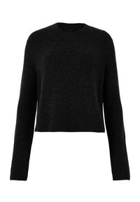 Pull court noir à manches longues avec poignets côtelés et encolure ronde, fabriqué en tissu tricoté doux et duveteux.