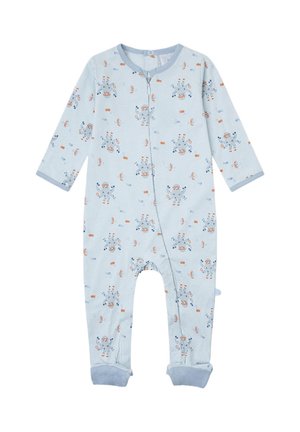 Pijama para bebé azul claro con mangas largas, cremallera frontal, botones a presión y divertido estampado de cangrejos y peces en naranja y azul.