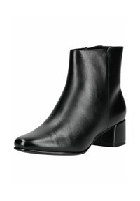 Botín de cuero negro con tacón cuadrado y puntera puntiaguda, acabado liso y cierre lateral con cremallera.
