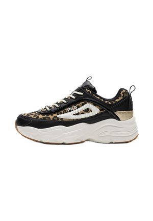 Sneaker chunky in tessuto con stampa leopardata, dettagli in pelle nera, suola bianca spessa e logo Fila sul lato.
