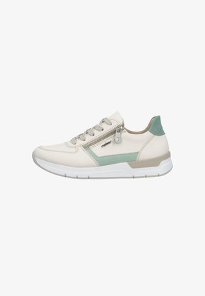 White and mint green sneaker with lace-up front and side zipper, cushioned sole, and padded ankle collar.