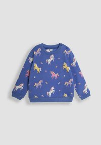 Blauwe sweatshirt met kleurrijke eenhoorns en bloemen, gemaakt van zachte stof, met lange mouwen en drukknoopjes op de schouder.