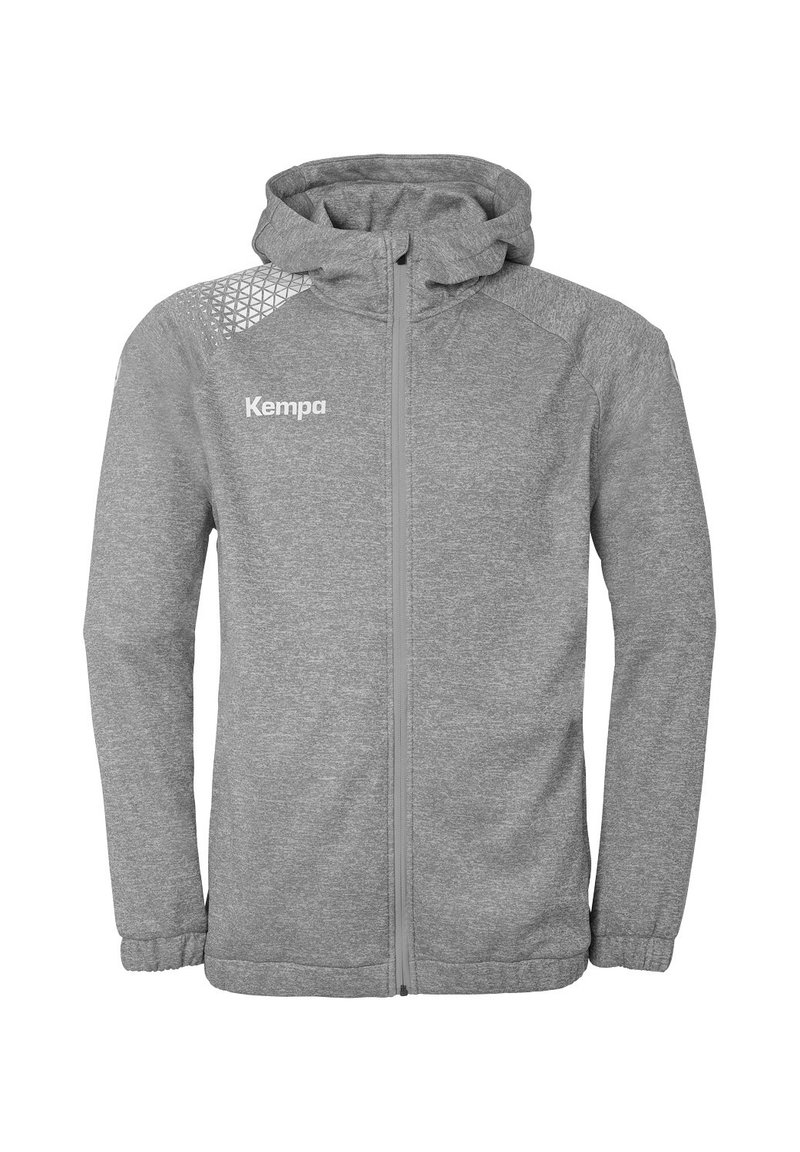 Gray hooded jacket with a zip front, featuring a textured shoulder panel and white logo on the left chest. Elastic cuffs and hem.