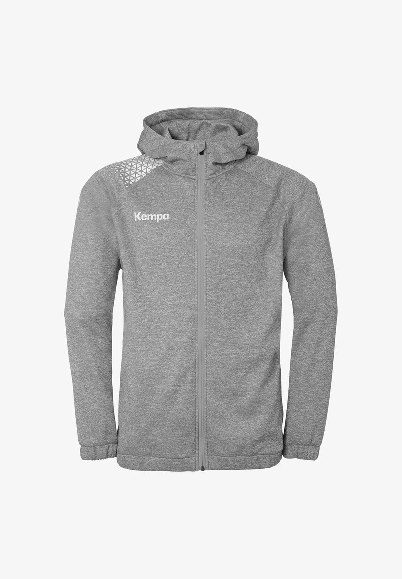 Gray hooded jacket with a zip front, featuring a textured shoulder panel and white logo on the left chest. Elastic cuffs and hem.