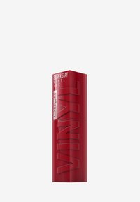 Packaging per un prodotto labbra rettangolare rosso con finitura lucida. Il testo riporta "Superstay Vinyl Ink" e "Maybelline." Lettere in grassetto a rilievo sul davanti.