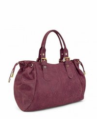 Sac à main en cuir synthétique violet avec une forme structurée, deux poignées rondes, une quincaillerie dorée et un détail resserré en haut.