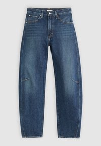 Jean en denim bleu foncé avec une coupe droite, dotés de poches avant, de surpiqûres contrastées et d'une texture légèrement délavée sur les jambes.