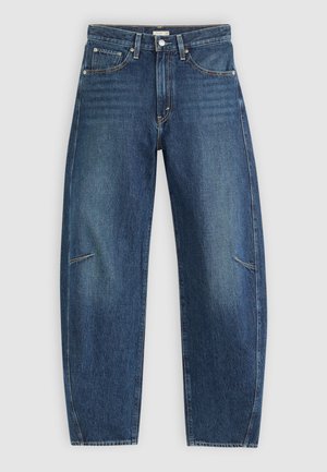 Mørkeblå denimjeans med rett ben-design, som har frontlommer, kontraststing og en subtil falmet tekstur på bena.