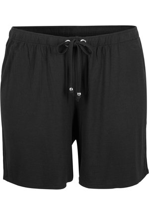 Shorts en coton noir avec une taille élastique, fermeture à cordon avec des accents en métal argenté et un design à coupe large. Texture lisse.