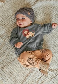 Grå sweatshirt med et løvegrafik, parret med beige bukser prydet med et blomsterdesign. Barnet bærer en ribbet grå hue og bløde sko.