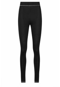 Leggings negros hechos de un material elástico, con un diseño ajustado, cintura alta y costuras plateadas sutiles en la parte superior.
