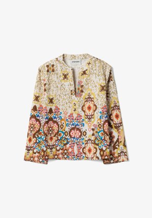 Langärmlige Bluse mit Schlitz am Rundhalsausschnitt, versehen mit einem multikolorierten Blumen- und Geometriemuster in Braun-, Gelb-, Blau- und Orangetönen.