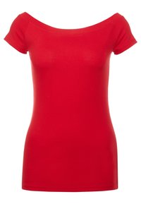 Röd kortärmad topp med off-the-shoulder-design, tillverkad av ett mjukt, stretchy tyg, med en figurnära siluett och inga detaljer.