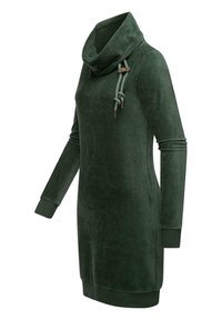 Grünes Fleece-Kleid mit Kapuze, langen Ärmeln und gerippten Bündchen. Mit einem Zugband mit Holzakzenten. Weiche Textur und lässige Passform.