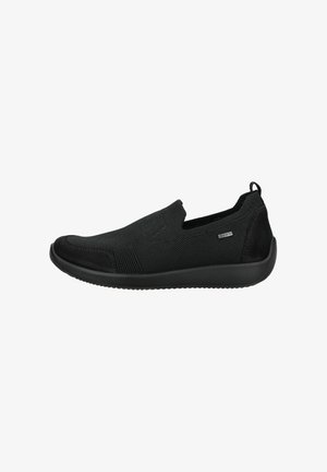 Schwarze Slipper mit einer strukturierten Mesh-Oberfläche und Wildleder-Akzenten, einer flexiblen Gummisohle und einem Zugtab hinten für einfaches Anziehen.