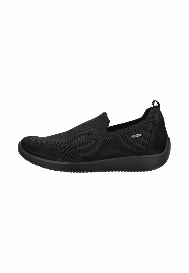 Scarpe slip-on nere con tomaia in mesh testurizzato e dettagli in suede, suola in gomma flessibile e linguetta posteriore per una facile calzata.