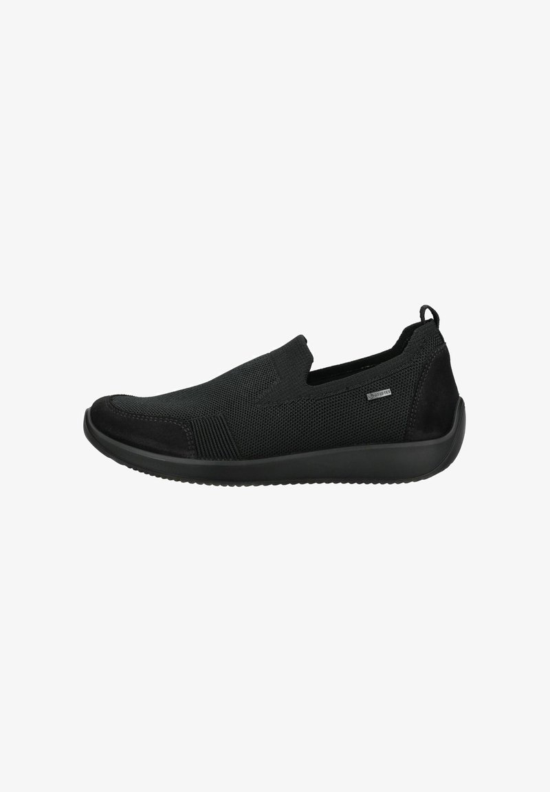 Schwarze Slipper mit einer strukturierten Mesh-Oberfläche und Wildleder-Akzenten, einer flexiblen Gummisohle und einem Zugtab hinten für einfaches Anziehen.