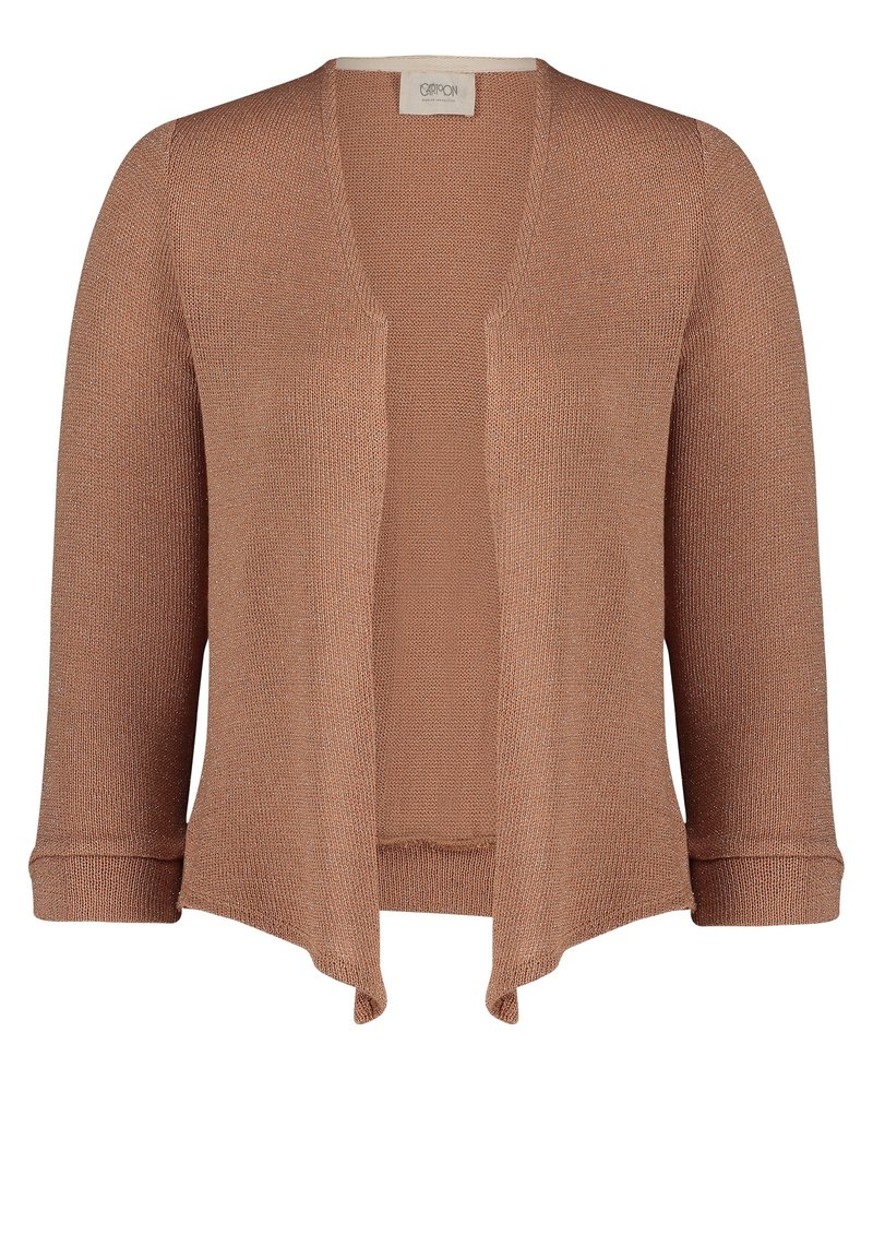 Brown knit cardigan with long sleeves, open front design, ribbed cuffs, and a soft, textured finish. No fastenings or patterns visible.