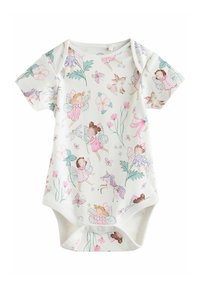Body de bebe cu maneca scurta din bumbac moale, cu imprimeu pastelat de zane si flori, avand inchideri cu capse la baza pentru o imbracare usoara.